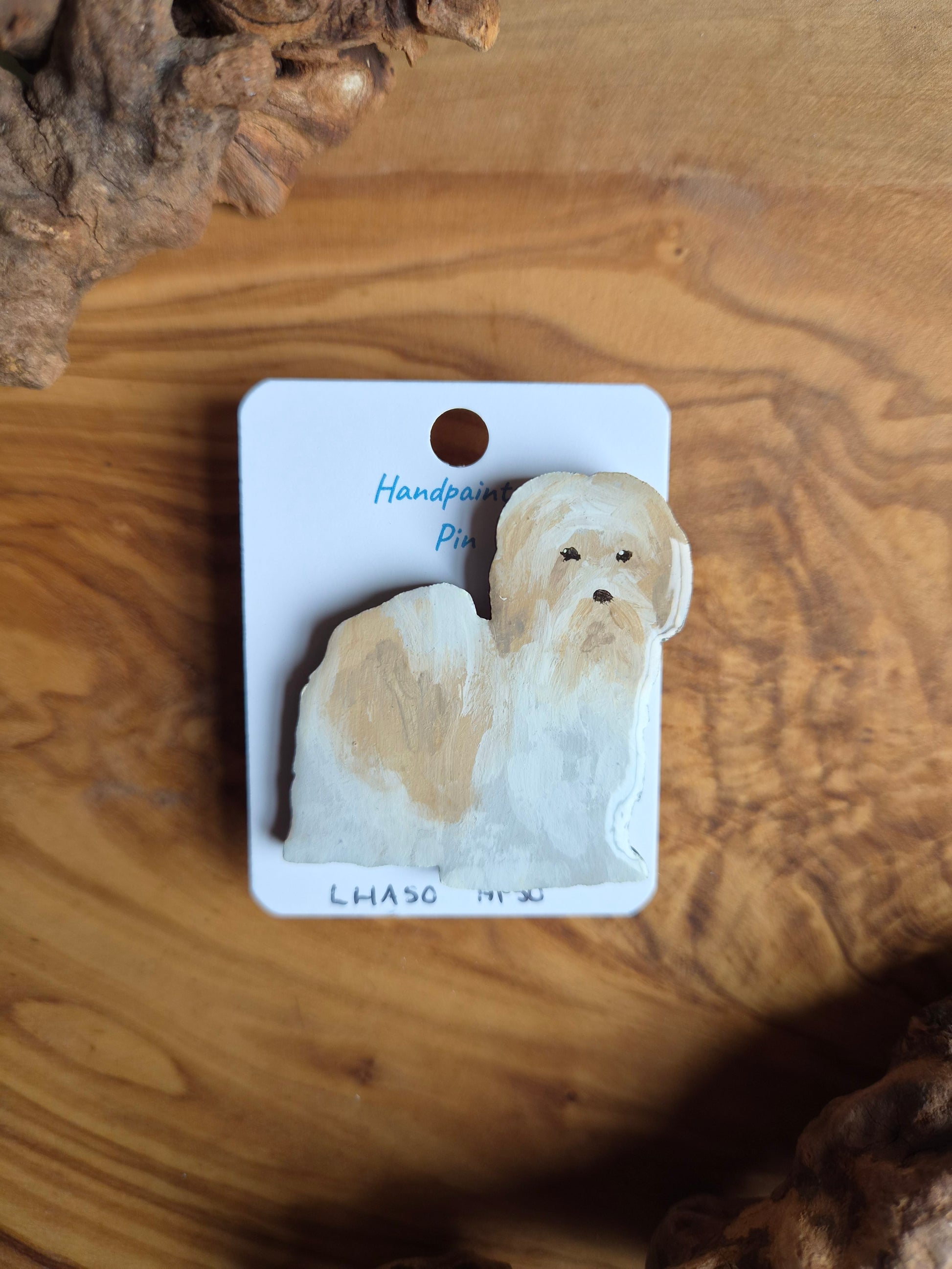 Hand-painted gold and white Lhaso Apso wooden dog pin badge.