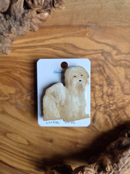 Hand-painted golden Lhaso Apso wooden dog pin badge.