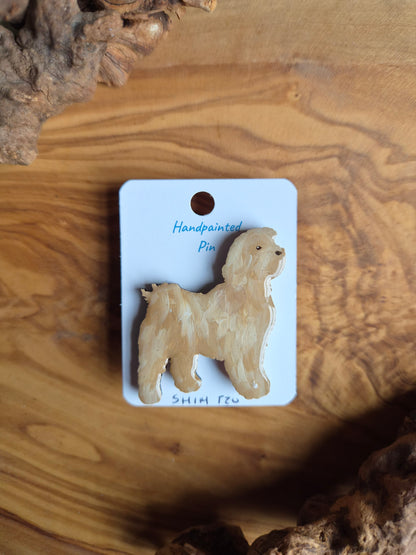 Hand-painted, golden coloured Shih Tzu dog pin badge painted on wood