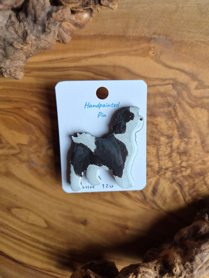 Hand-painted, black and white coloured Shih Tzu dog pin badge painted on wood