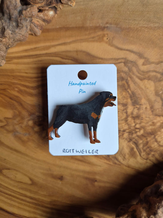 Hand-painted Rottweiler shaped wooden dog pin badge