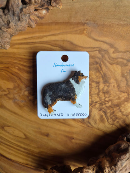 Hand-painted, tri coloured Shetland Sheepdog dog pin badge painted on wood