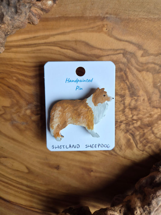 Hand-painted, sable coloured Shetland Sheepdog dog pin badge painted on wood