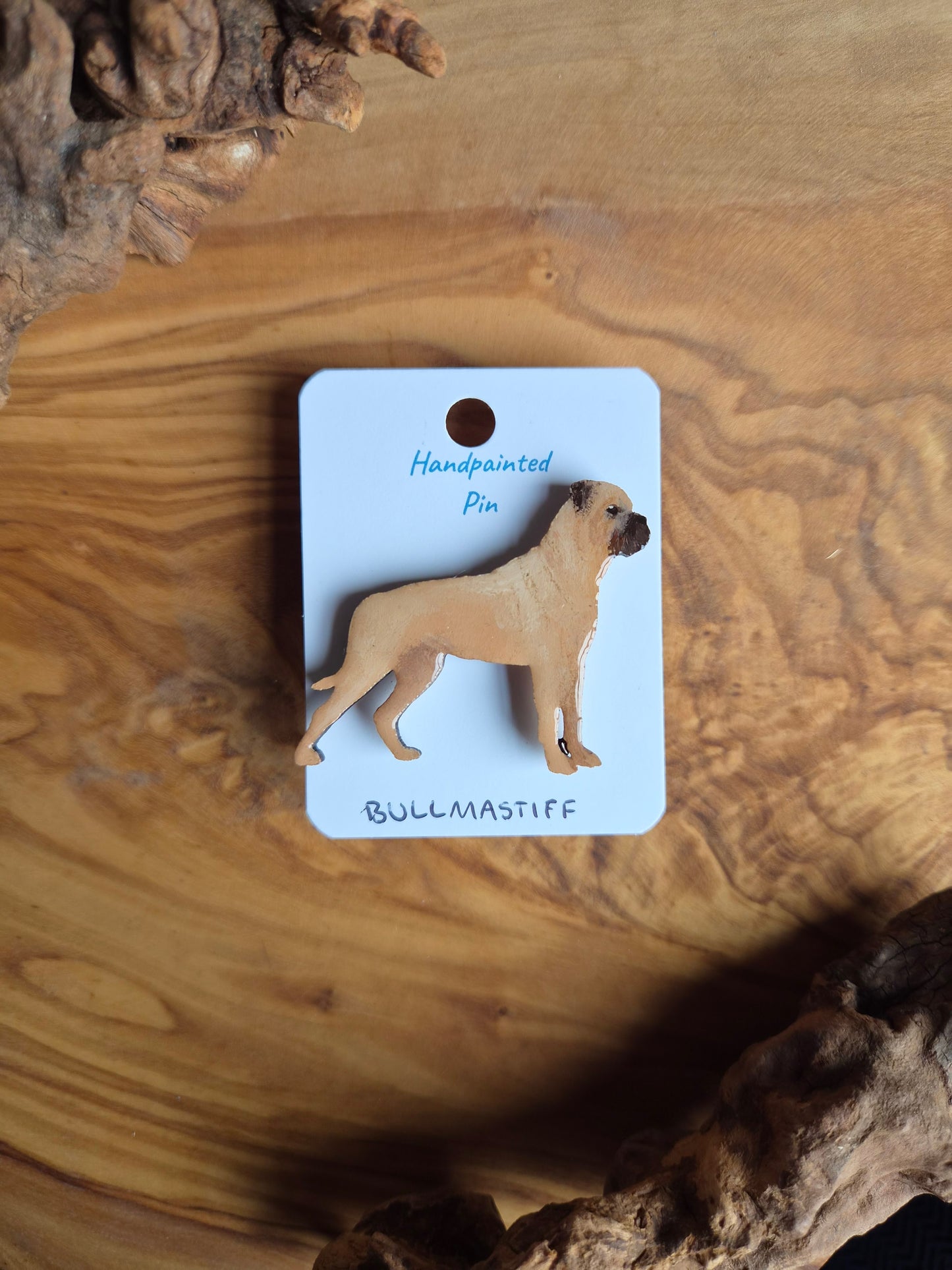 Hand-painted, fawn coloured Mastiff dog pin badge painted on wood