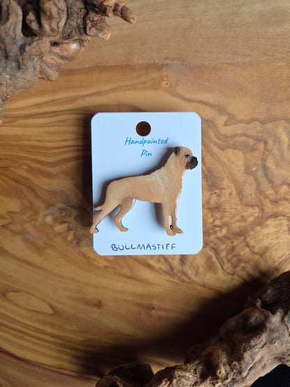 Hand-painted, fawn coloured Mastiff dog pin badge painted on wood