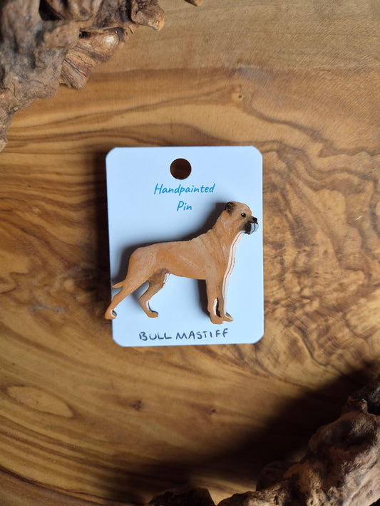 Hand-painted, red coloured Mastiff dog pin badge painted on wood