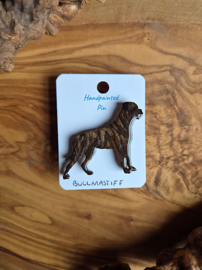 Hand-painted, brindle coloured Mastiff dog pin badge painted on wood