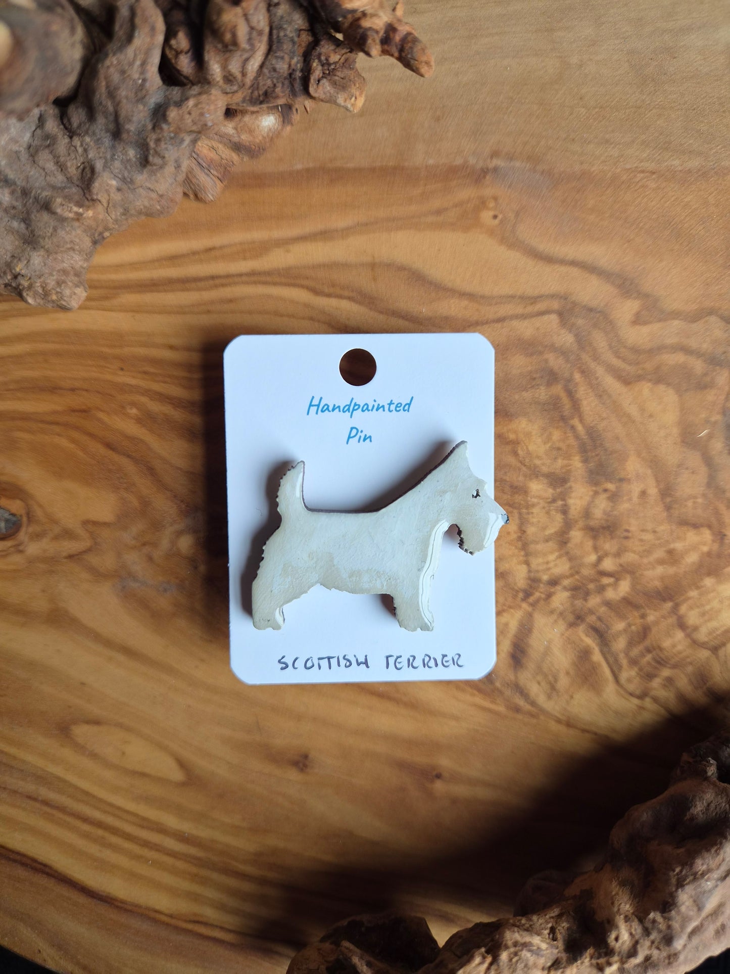 Hand-painted, white Scottish Terrier  dog pin badge painted on wood