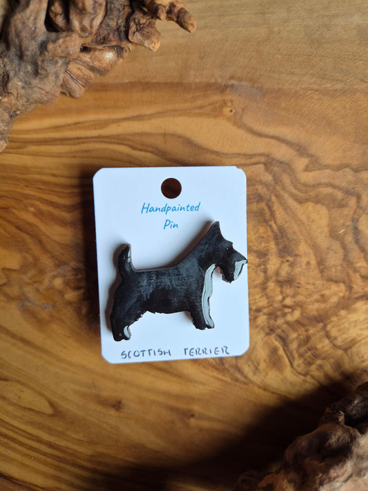 Hand-painted, black Scottish Terrier dog pin badge painted on wood