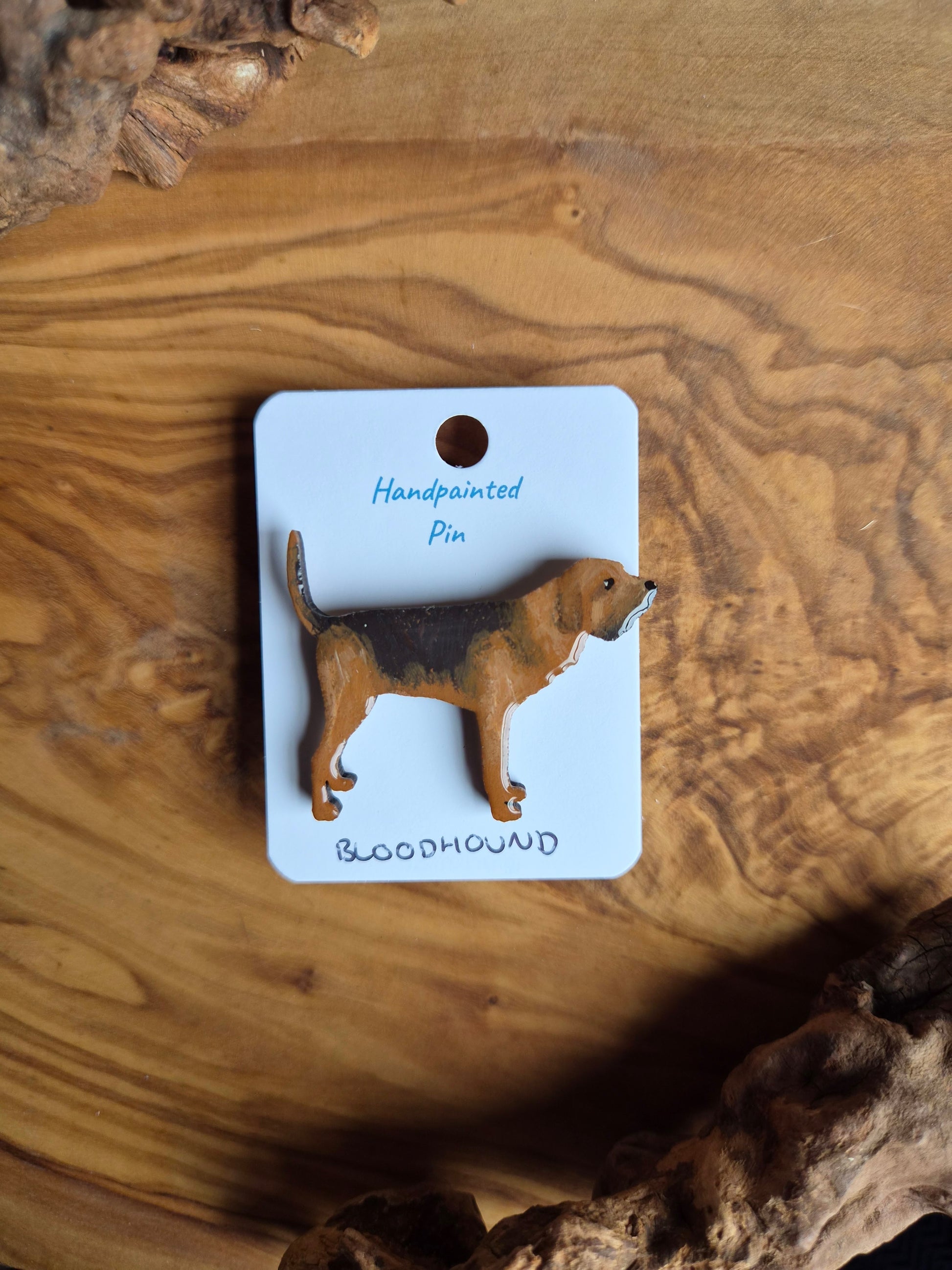 Hand-painted black and tan Bloodhound shaped wooden pin badge