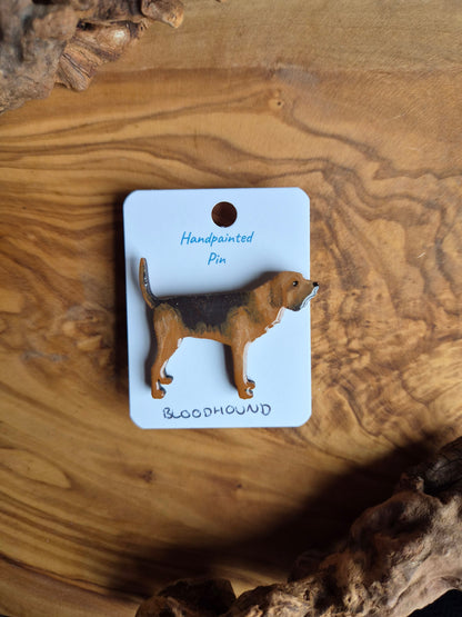 Hand-painted black and tan Bloodhound shaped wooden pin badge