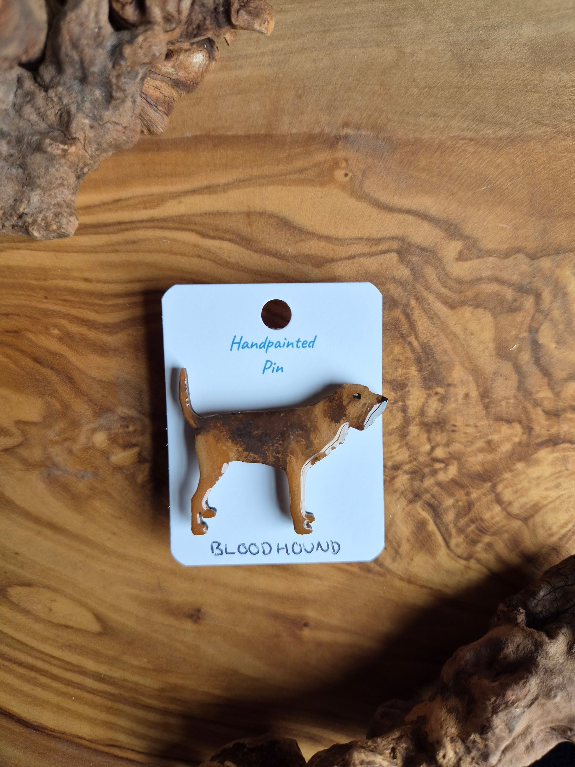 Hand-painted chocolate and tan Bloodhound shaped wooden pin badge