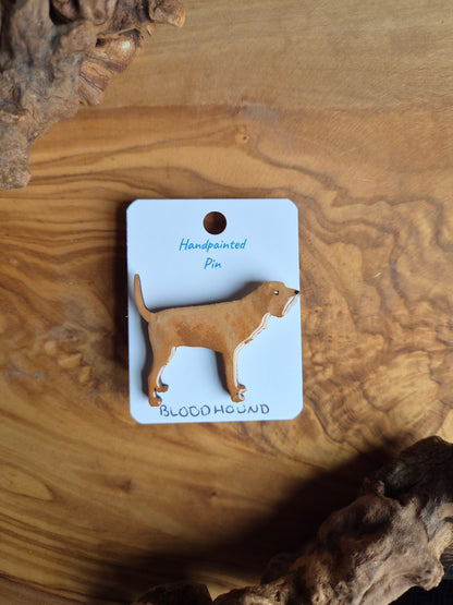 Hand-painted tan coloured Bloodhound shaped wooden pin badge