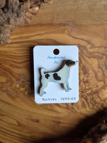 Tricolour black and tan patches, hand-painted wooden pin badge of a Russel Terrier dog
