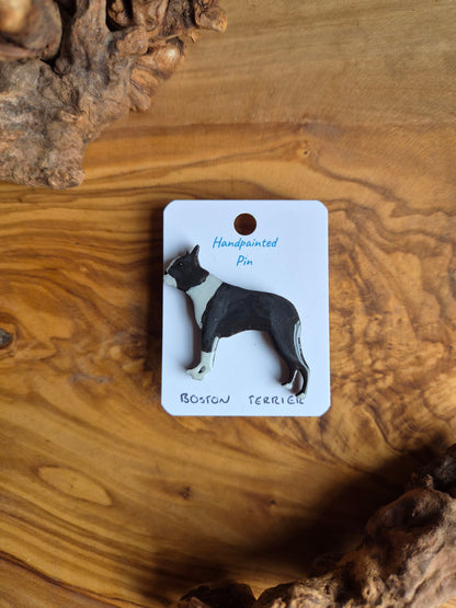 Hand-painted Wooden dog pin badge of a Black and white Boston Terrier