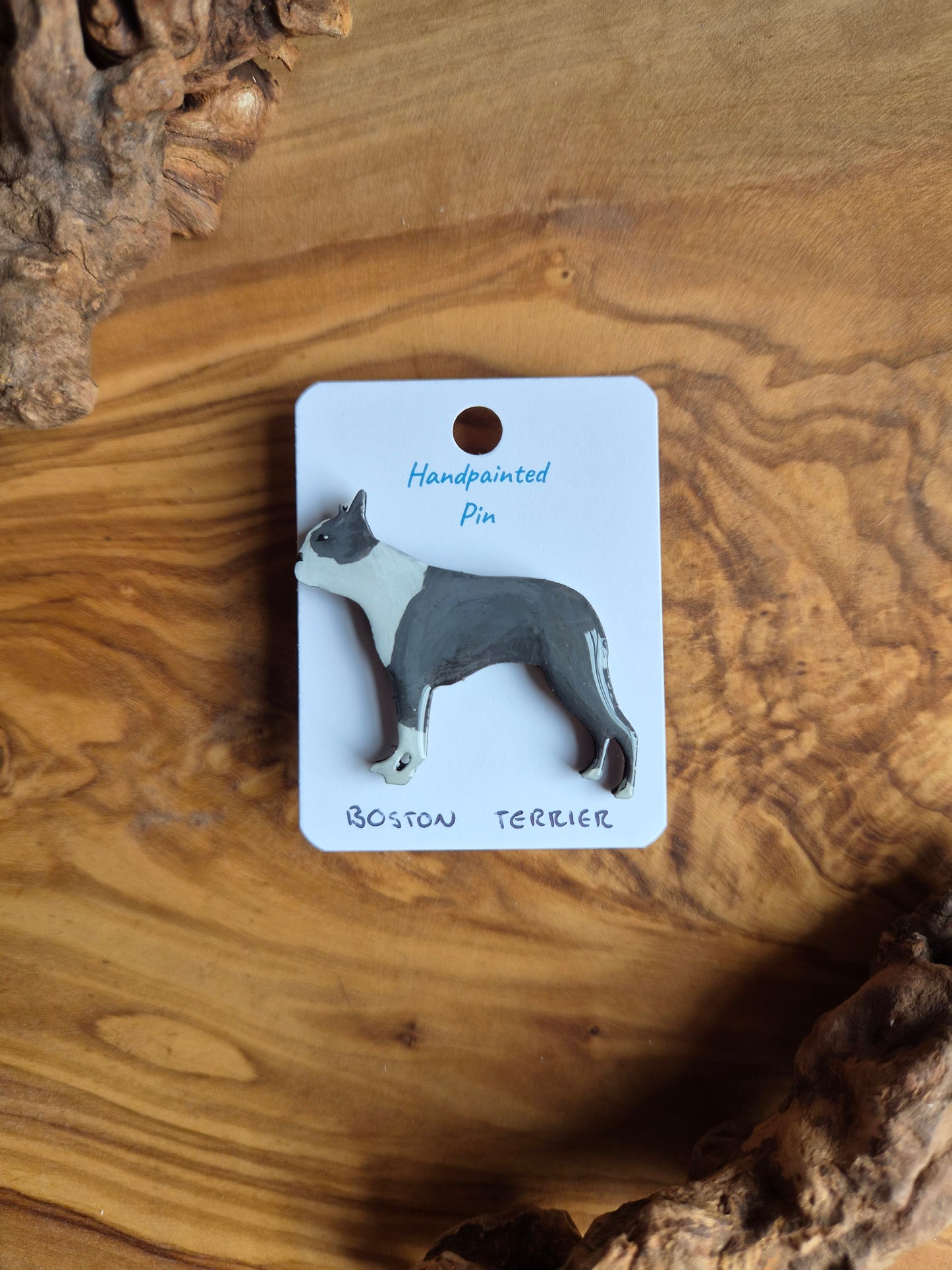 Hand-painted Wooden dog pin badge of a Blue and white Boston Terrier