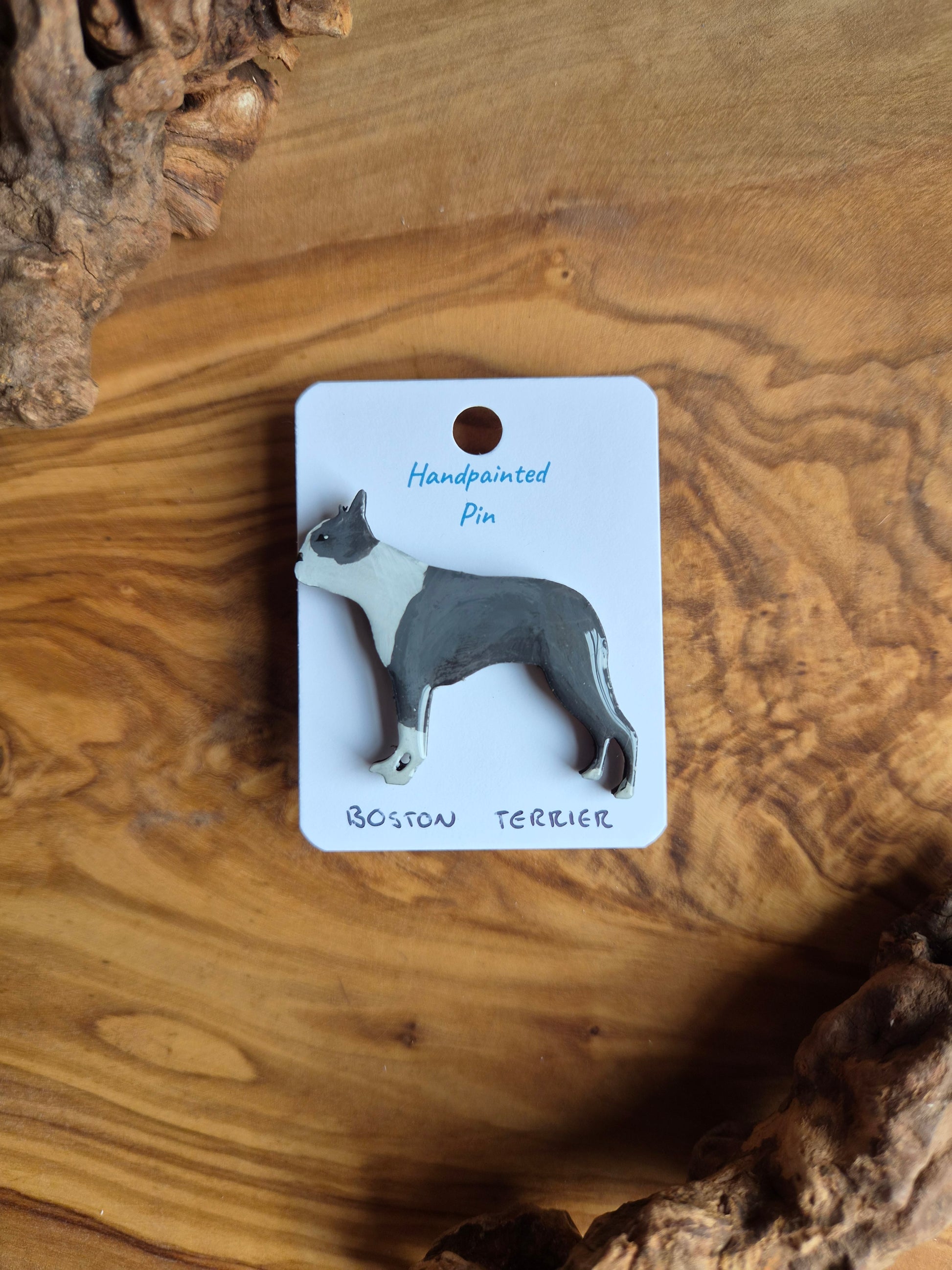Hand-painted Wooden dog pin badge of a Blue and white Boston Terrier