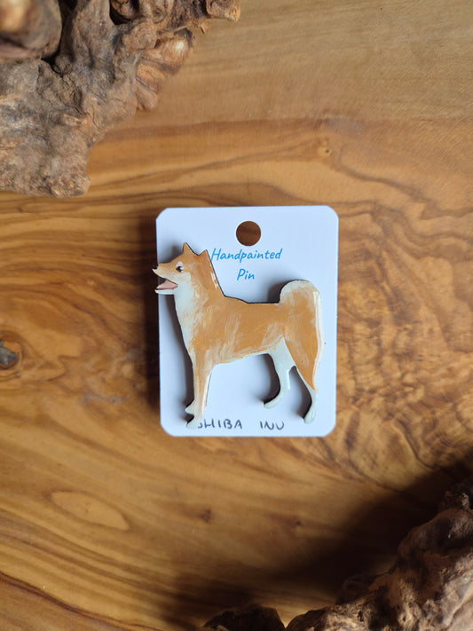 Classic red Shiba Inu pin badge, hand-painted wooden pin