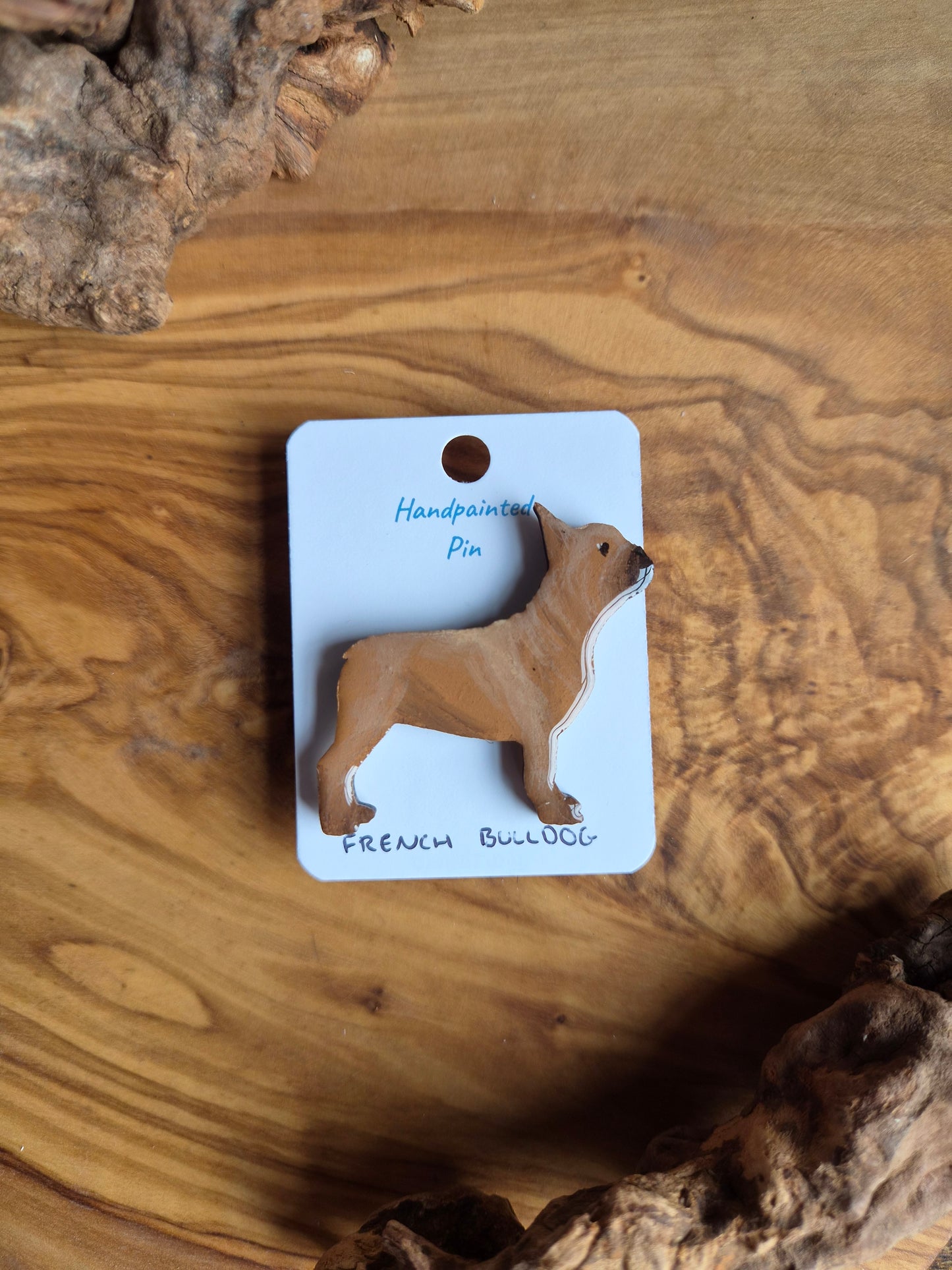 Fawn  hand-painted wooden French Bulldog pin badge