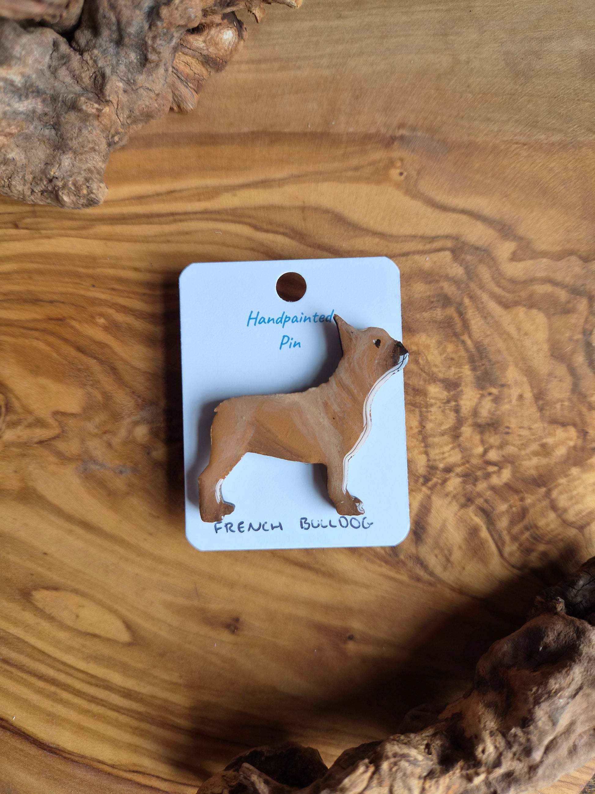 Fawn  hand-painted wooden French Bulldog pin badge