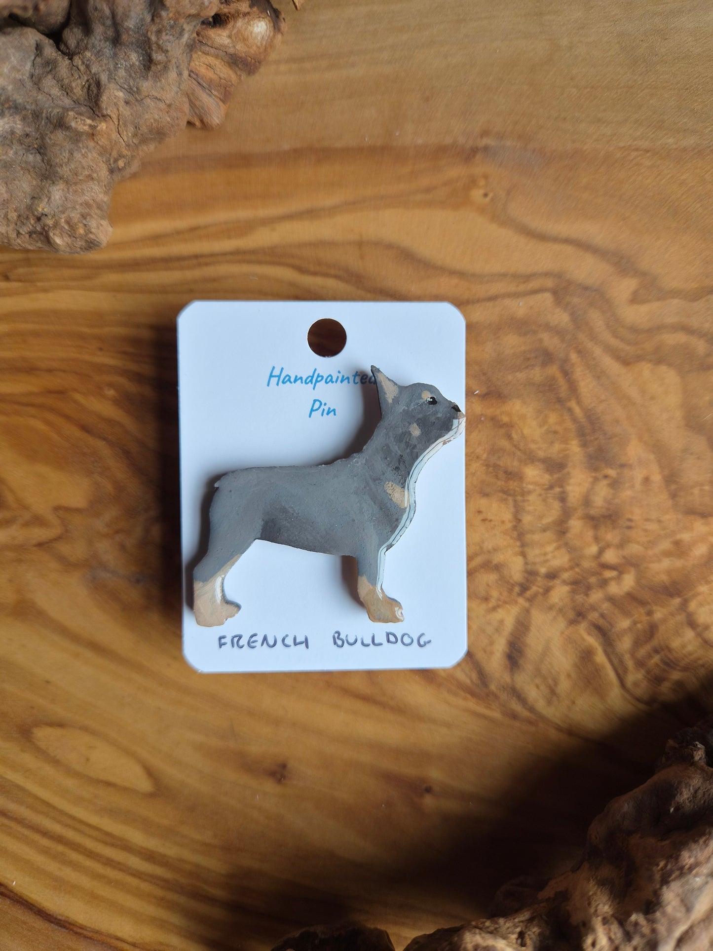 Lilac & tan hand-painted wooden French Bulldog pin badge