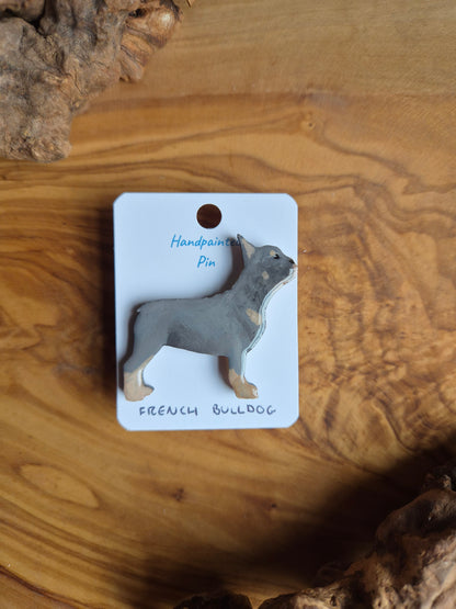Lilac & tan hand-painted wooden French Bulldog pin badge