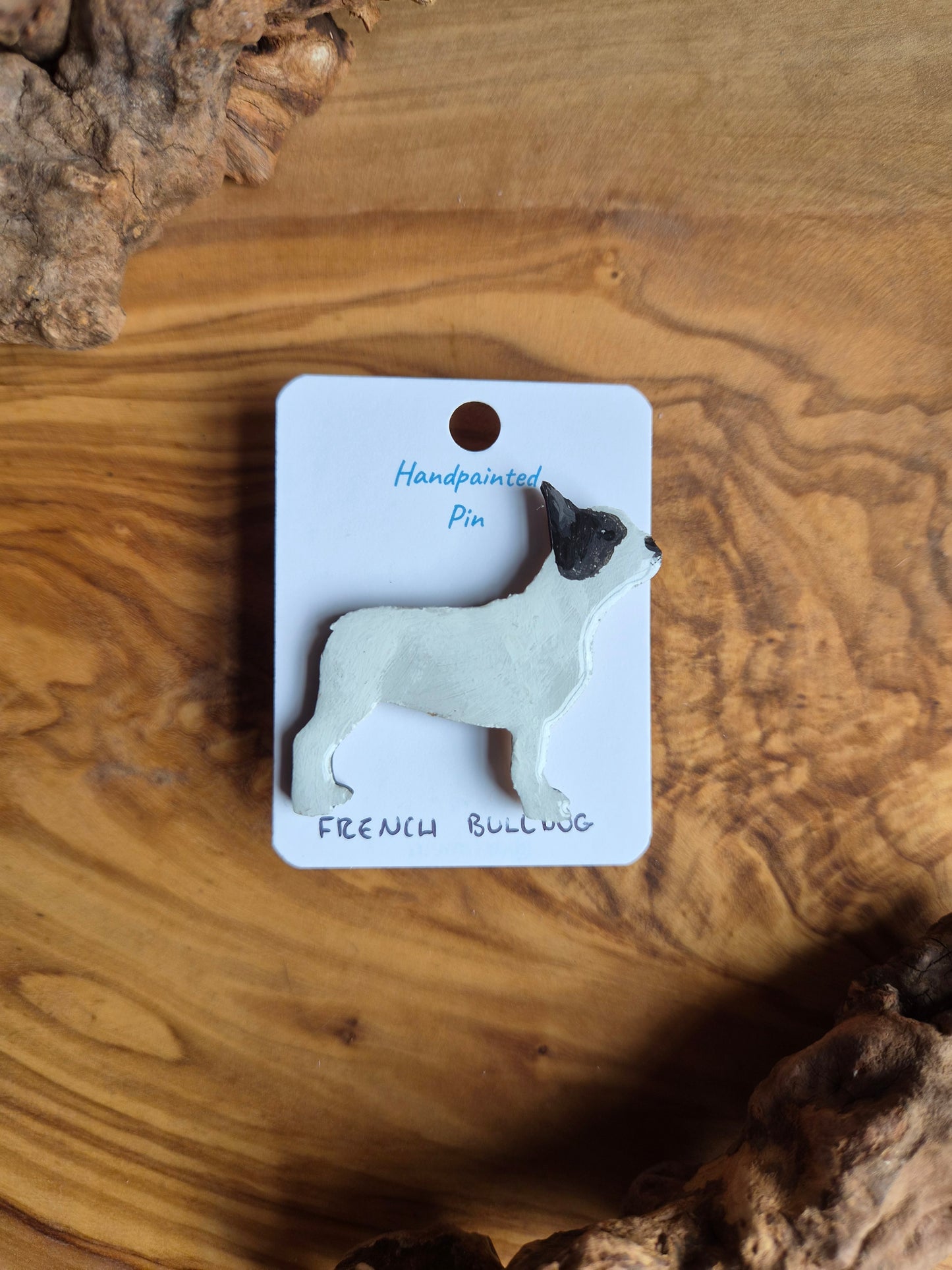 Blcak & White hand-painted wooden French Bulldog pin badge