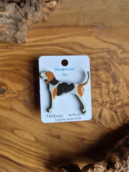 Hand-painted wooden dog shaped pin badge of a tri coloured Treeing Walker coonhound