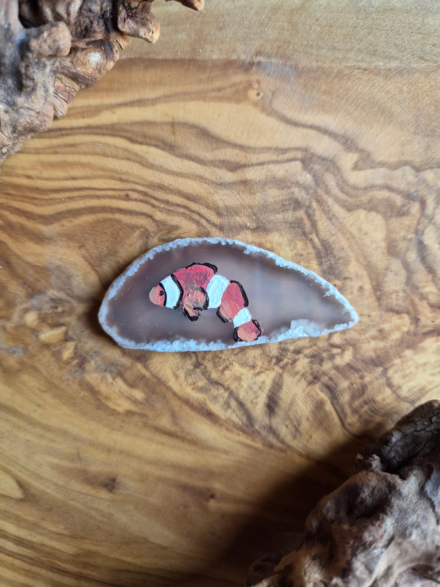 a small hand-painted natural agate slice with a painting of a clown fish on it