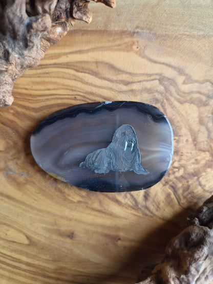 a small hand-painted natural agate slice with a painting of a walrus on it