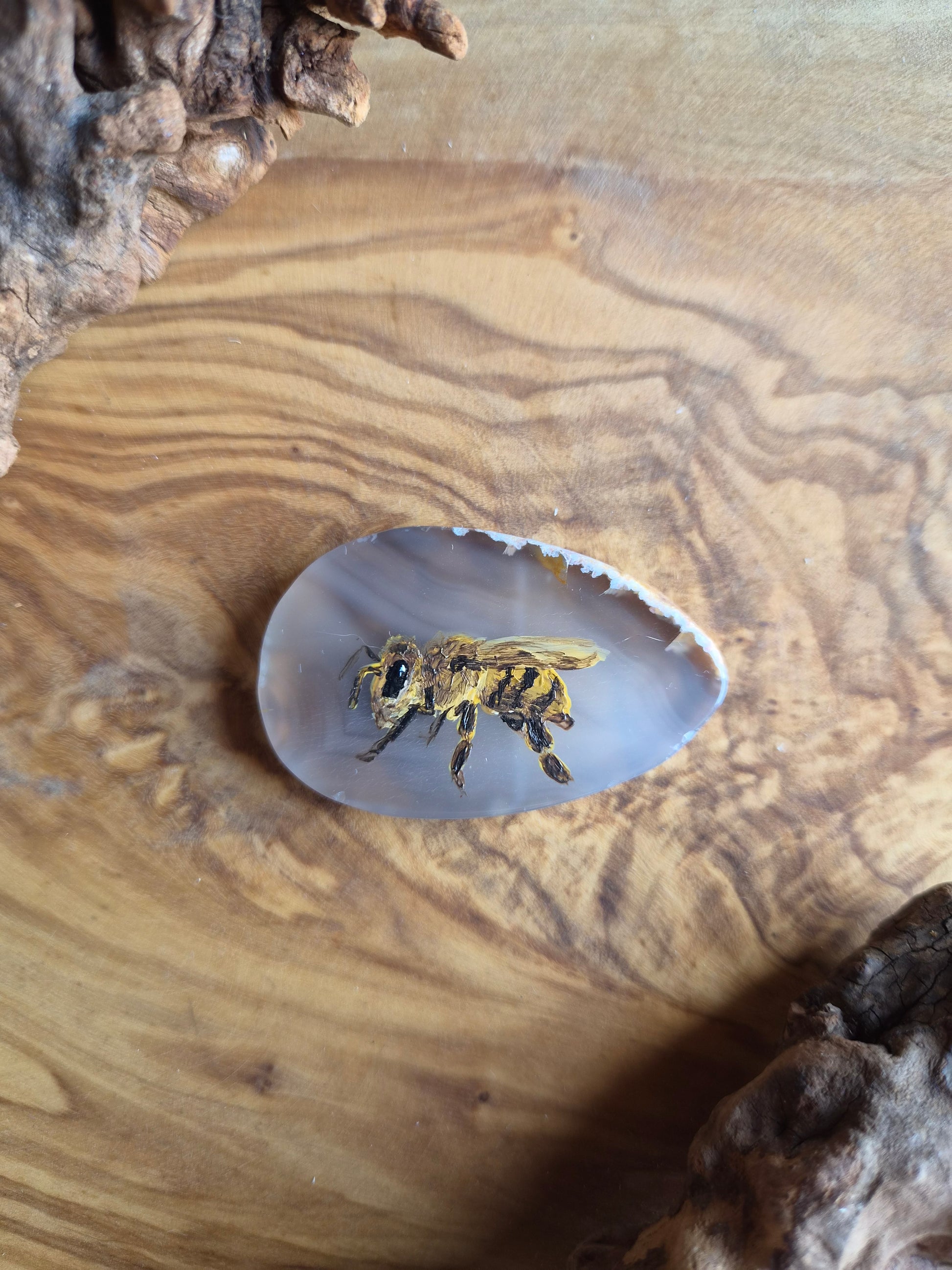 a small hand-painted natural agate slice with a painting of a bee on it