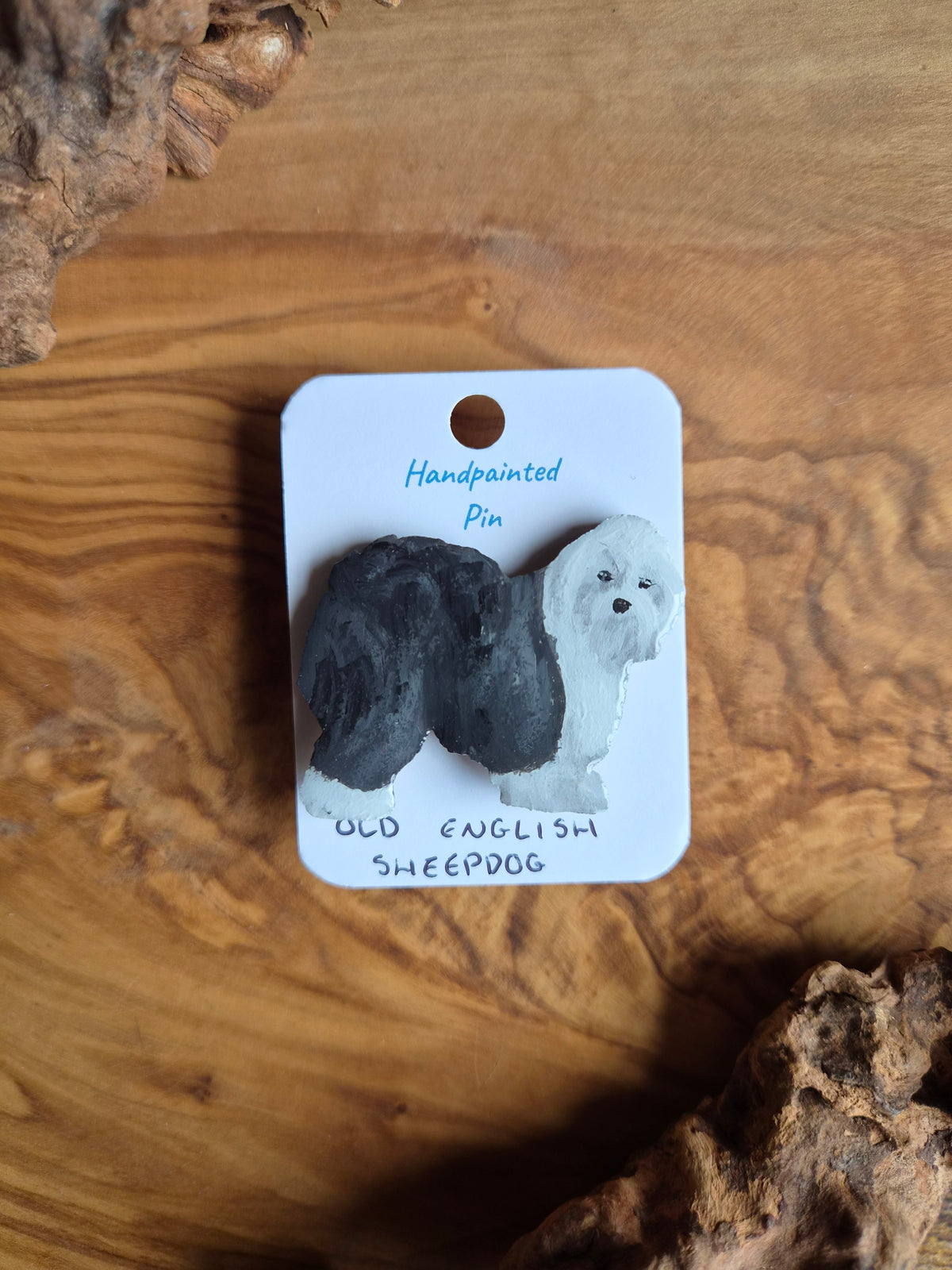 Hand-painted old english sheepdog wooden pin badge 