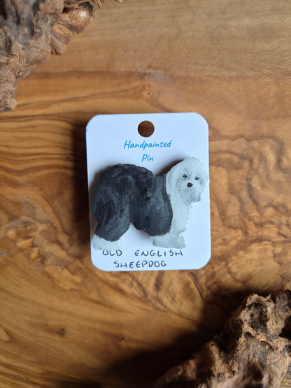 Hand-painted old english sheepdog wooden pin badge 