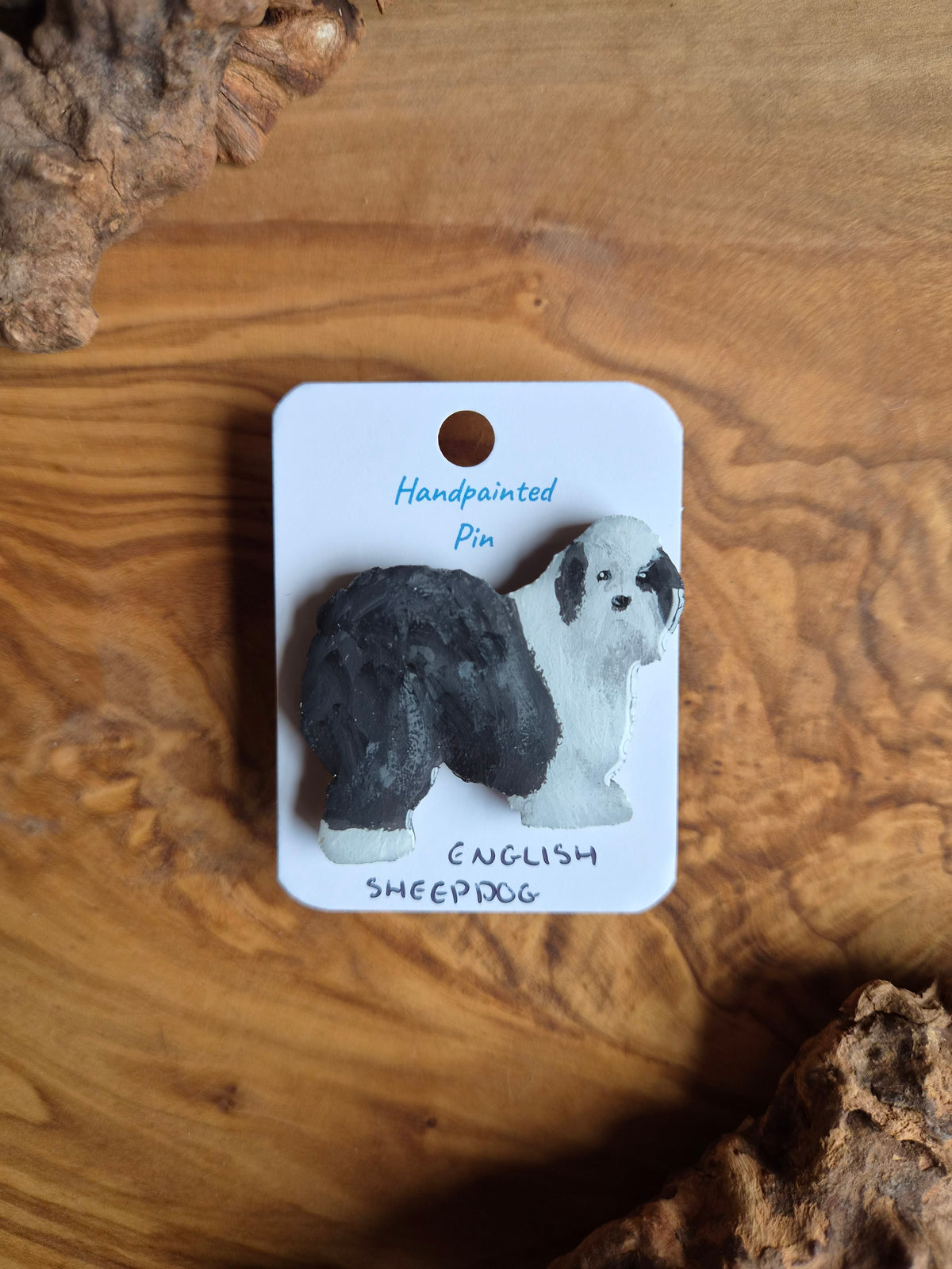Hand-painted old english sheepdog wooden pin badge with two grey ear patches