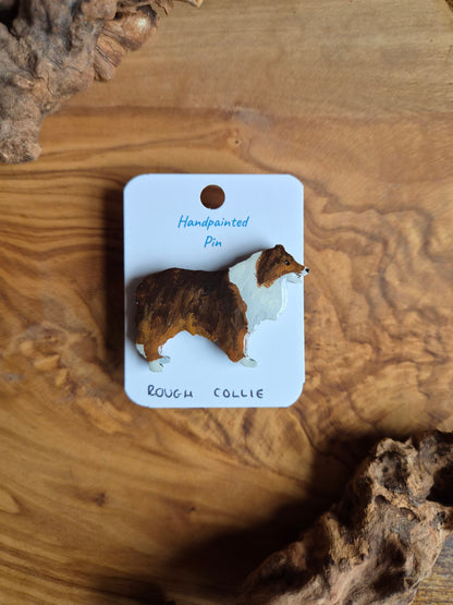 Classic dark sable coloured, hand-painted, wooden, Rough Collie dog pin badge, lassie dog