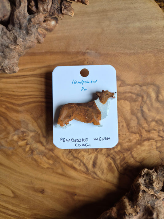 Hand-painted wooden dog shaped pin badge of the pembroke welsh corgi, sable coloured