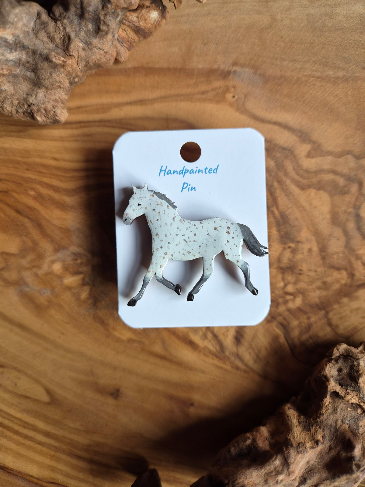 Hand-painted horse shaped wooden pin badge.  fleabitten Grey colour
