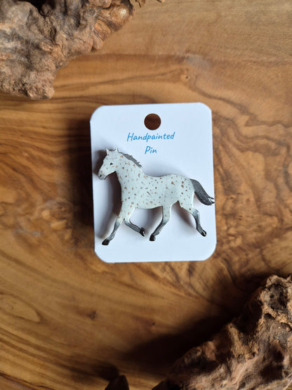 Hand-painted horse shaped wooden pin badge.  fleabitten Grey colour